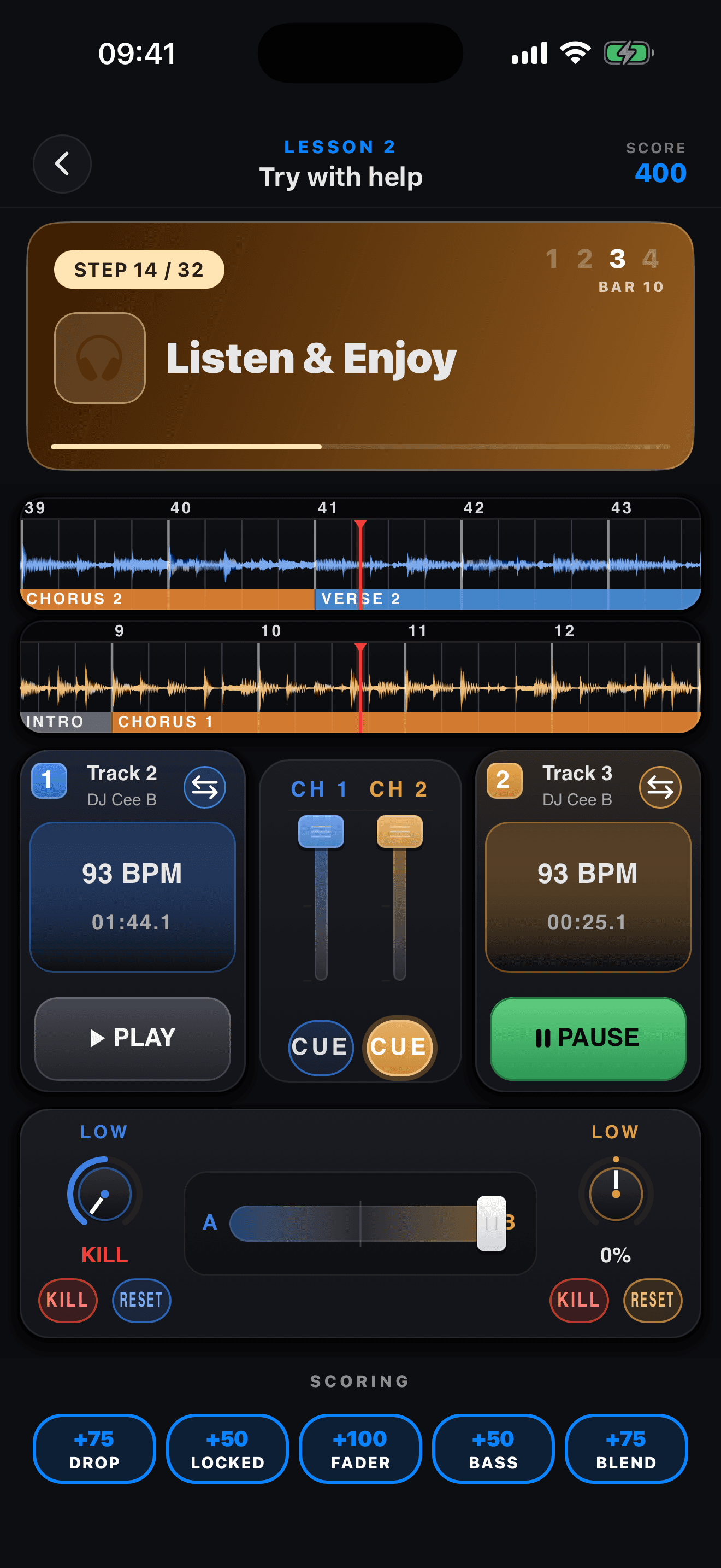 Learn2DJ two-deck mixing interface