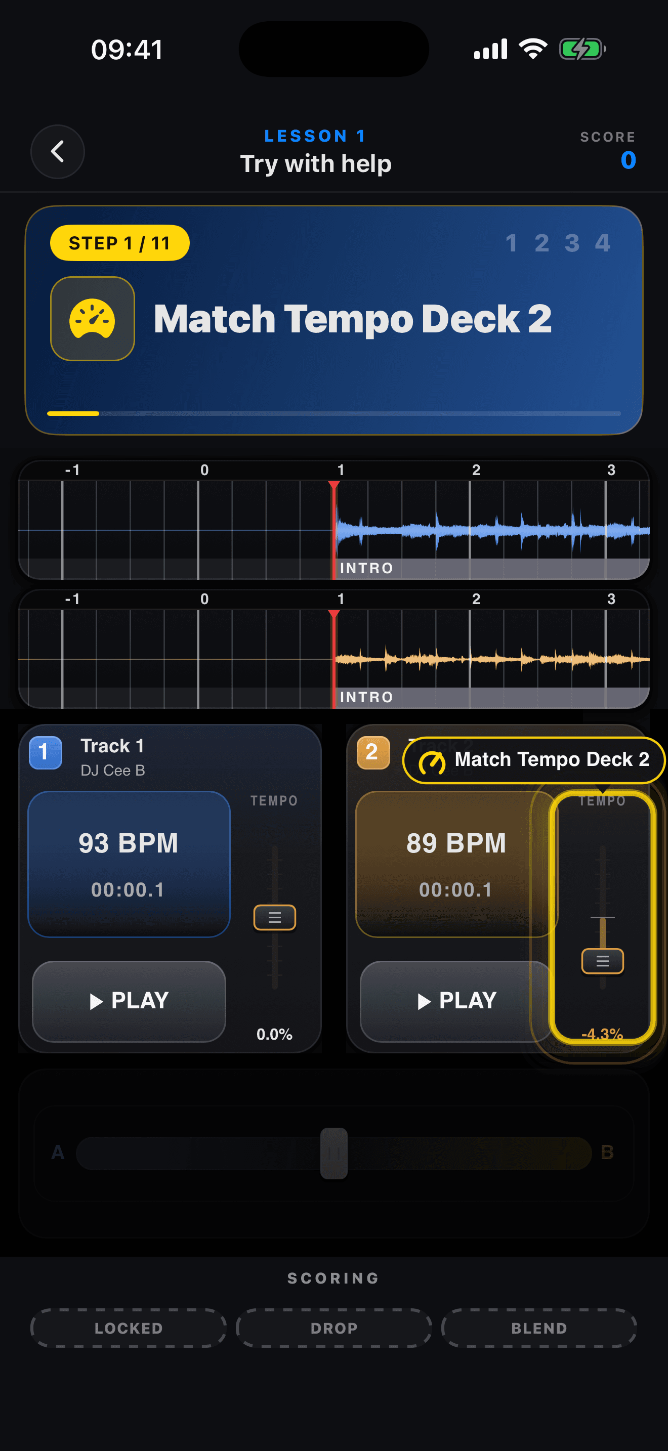 Learn2DJ beatmatching lesson with tempo controls