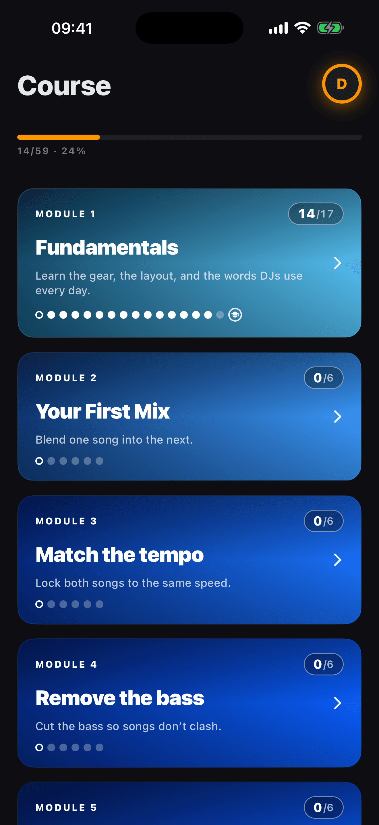 Learn2DJ app home screen showing lesson modules